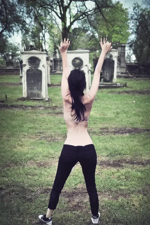 Image similar to egirl doing a shuffle dance in an abandoned graveyard, aesthetic!!! highly symmetric body parts, clean compostion, outdoor lighting