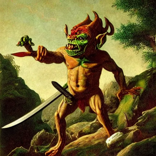 Image similar to dog - faced muscular goblin, ugly face, lizard tail, holding scimitar made of bone, scimitar, sword, jagged sword, curved sword, orkish sword, colorized, green skin, red sky, hyper - detailed, primeval fantasy, prehistoric fantasy, art by jacques - louis david