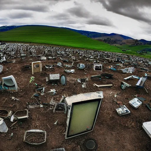 Prompt: windows xp screensaver with many broken dilapidated old computers graveyard, wide angle lens