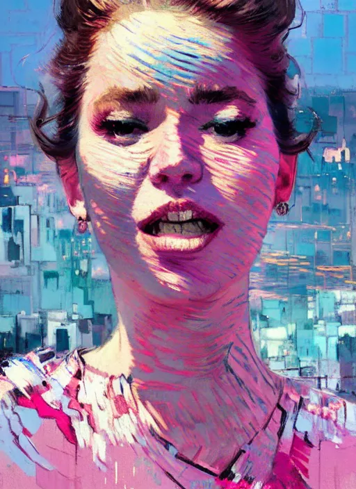 Prompt: portrait of a beautiful girl, city backdrop, smiling, ecstatic, eyes closed, open mouth, shades of pink and blue, beautiful face, rule of thirds, intricate outfit, spotlight, by greg rutkowski, by jeremy mann, by francoise nielly, by van gogh, digital painting