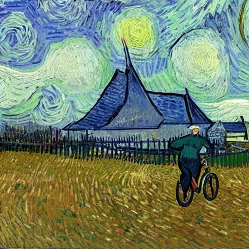 Prompt: van gogh painting of an old lady that fell of her bicycle in front of a dutch farm