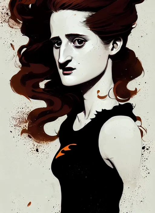 Image similar to highly detailed closeup portrait of beautiful grace gummer as dom dipierro, wavy ginger hair, black dress, by atey ghailan, by greg rutkowski, by greg tocchini, by james gilleard, by joe fenton, by kaethe butcher, gradient orange, black and white color scheme, grunge aesthetic!!! ( ( graffiti tag wall background ) )