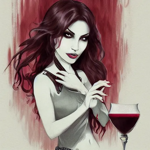 Image similar to portrait of beautiful vampire lady drinking from a goblet of blood, fantasy illustration trending on artstation