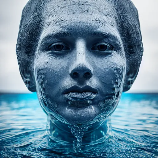 Image similar to a water sculpture of a human head on the ocean water, water manipulation photoshop, behance, ray tracing, cinematic, in the style of johnson tsang, long shot, hyper detailed, hyper realistic, 8 k resolution, sharp focus, realistic water, award winning