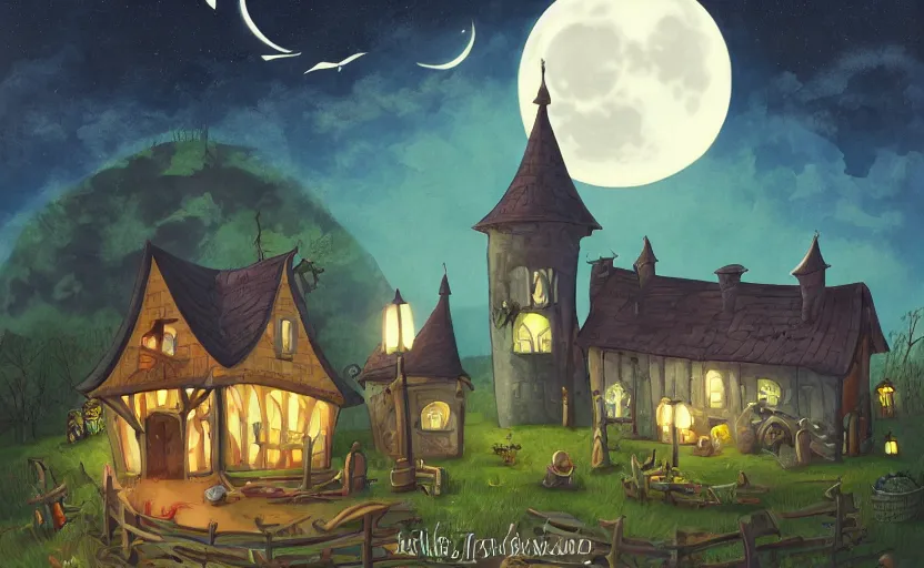 Image similar to a witch's shop against a giant moon, storybook, gouache, flat, concept art, lush