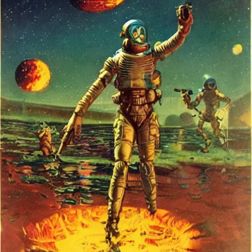 Image similar to armored squad in the acid swamps of venus, vintage, 1 9 5 0 s sci - fi art, by ed emschwiller