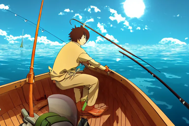 Prompt: cell shaded anime key visual of a fantasy fisherman in a small boat on a lake in the style of studio ghibli, moebius, makoto shinkai, dramatic lighting