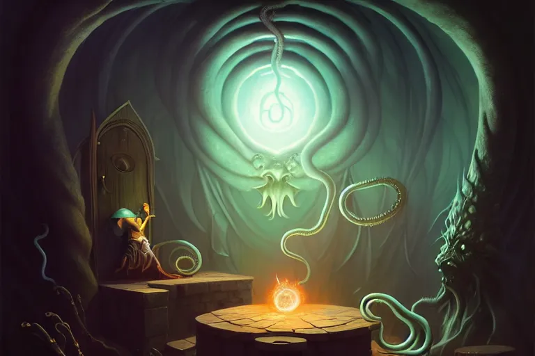 Prompt: dark magician conjures over a vat with a potion, location of a dark old house, a monster with tentacles lies from the door, peter mohrbacher style, ray tracing, cinematic, digital art, realistic,