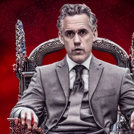 Image similar to jordan peterson seated on the throne of hell, highly detailed, fiery, red hues, lens flare