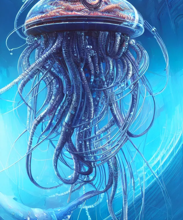 Image similar to a hyper detailed painting of a cyberpunk jellyfish, cables everywhere, blue tones, underwater, highly detailed, digital painting, artstation, concept art, smooth, sharp focus, illustration, art by artgerm and greg rutkowski and alphonse mucha