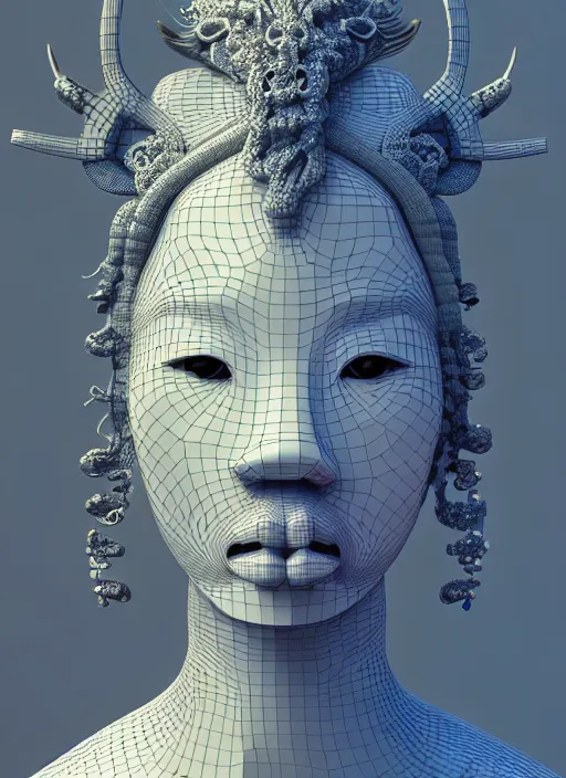 Prompt: 3 d goddess waist shot portrait. beautiful intricate highly detailed korean dokkaebi mask and traditional korean hanbok. stingray, magpie, bioluminescent, iridescent, plasma, lava, ice, water, wind, creature, key lighting, artwork by tooth wu and wlop and beeple and greg rutkowski, 8 k trending on artstation,