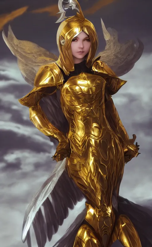 Image similar to Concept art, angel knight girl in golden and cooper armor, artstation trending, octane render, cinematic, highly detailded