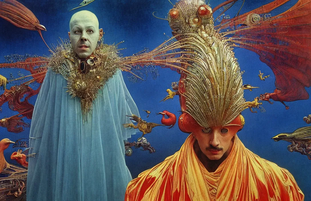 Image similar to realistic detailed portrait movie shot of a birdman wearing reflective transparent robes, sci fi city landscape background by denis villeneuve, amano, yves tanguy, alphonse mucha, ernst haeckel, max ernst, roger dean, masterpiece, rich moody colours, blue eyes