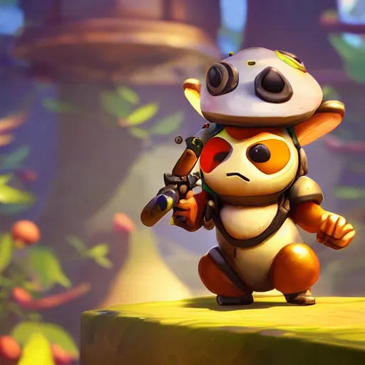 Prompt: teemo is the newest overwatch character, shooting a poison dart, poison mushrooms, octane render, blender render, unreal engine, standing pose, cinematic lighting, symmetrical