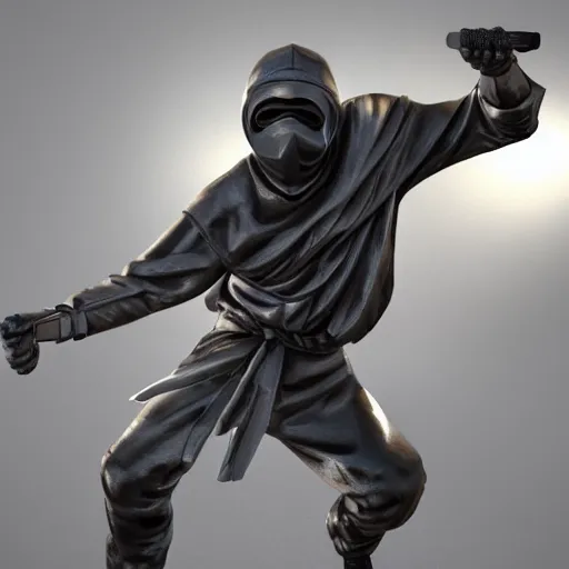 Image similar to 3 d rendering of marble and chrome statue of ninja wearing full face mask and hunter hat, combat suit, technological, octane render