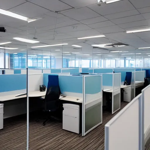 Prompt: an office space of cubicles, the employees are rats wearing business suits, wide angle