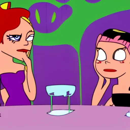 Image similar to animation of grownup The Powerpuff Girls smoking weed in a purple room