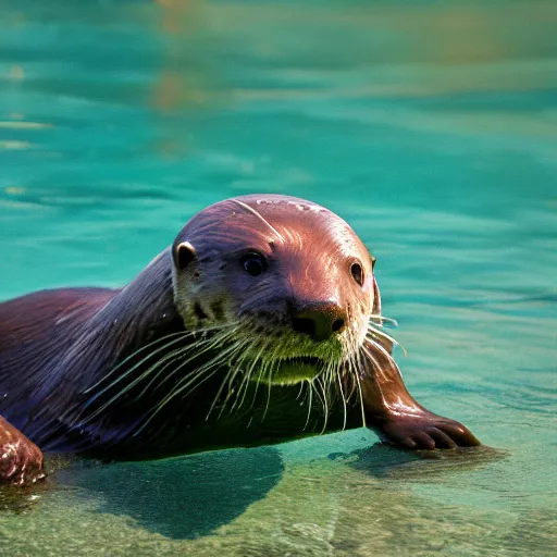 Image similar to One man swimming alongside a lone otter in the river. Award-winning, front view, daylight, photoreallrstic, 4k