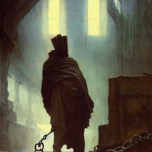 Image similar to half portait of magican wearing a closed cowl holding a big old book! with chains!! on his wrist, jeremy mann, jean leon gerome, alphonse mucha, greg rutkowski, hood covers his eyes, ( ( ruins of ancient rome ) ), at dusk, mysterious atmosphere, sunrays, dof, masterpiece, high detailed, 8 k