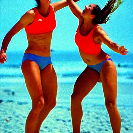 Prompt: “A couple of beach volleyball female players in 1990 by Amedeo Modigliani”