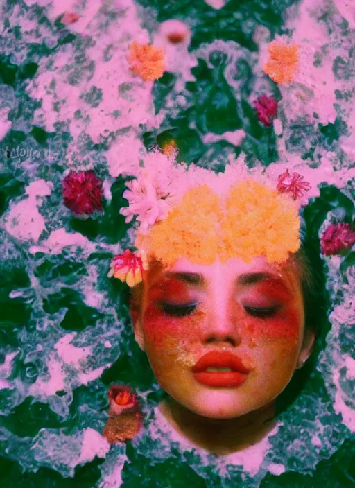 Prompt: extra close-up, color film photography, portrait of beautiful melting monster with flowers in heads, 35mm, film photo