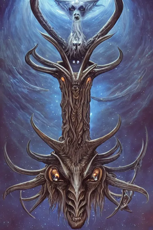 Prompt: baphomet starship!!!!! with antler made with porcelain by jeff easley and peter elson, beautiful eyes and face, symmetry face, galaxy, gothic, surreal, dread, highly detailed, intricate complexity, epic composition, magical atmosphere, masterpiece, award winning, trending on artstation