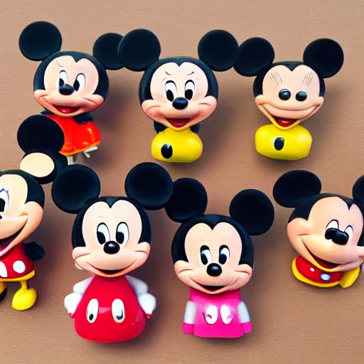 Prompt: product photograph of vintage disney figurines, cute, popular, collectible, toys figures, mickey mouse, miney mouse, pluto, kawaii, toys, white background,