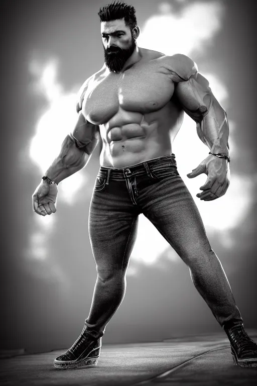 Image similar to a very muscular man with big beard wearing jeans, seductive pose, hyperrealistic, concept art, octane render, unreal engine 5, trending on artstation, high quality, highly detailed, stylish, elegant, path traced, black and white, realistic and detailed face, anatomically correct, five fingers, cinematic, high coherence, dramatic lighting, 8 k