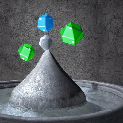 Image similar to a twenty sided die popping out of an ancient water fountain, simple shape, concept art, clean, ultra realistic, art, perfect straight lines, extremely detailed, unreal engine render