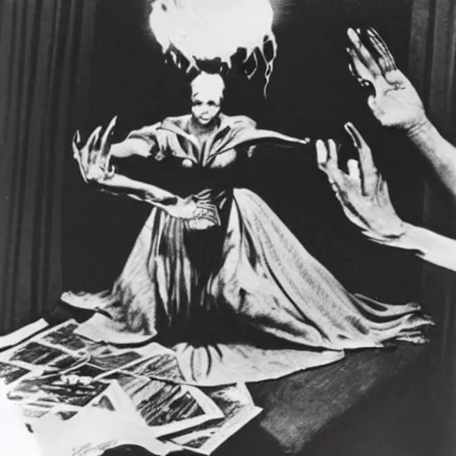 Prompt: photo of a housewife summoning a unspeakable demonic manifestation, newspaper photo, 1946