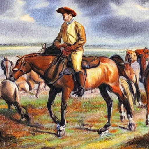 Prompt: colorful drawing of an irishman surrounded by many horses