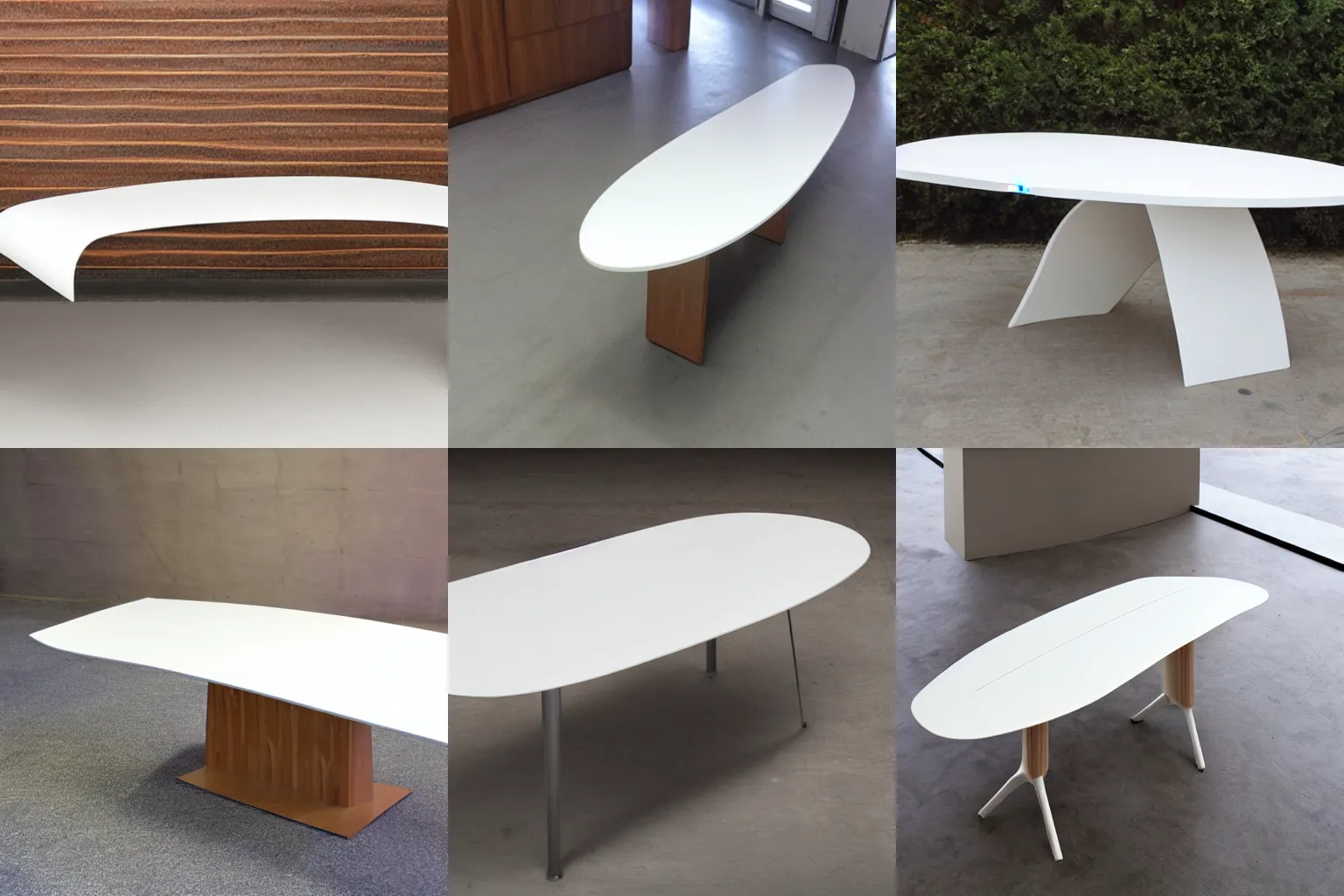 Prompt: a table, large rectangular white curved corian, plywood details,