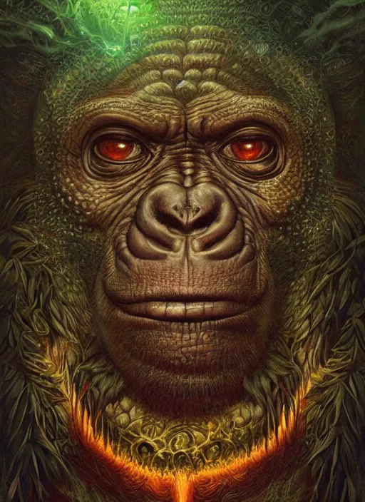 Prompt: deep jungle gorilla glowing reptile eyes, shamanic poster lsd art, intricate, elegant, highly detailed, centered, digital painting, artstation, concept art, smooth, sharp focus, illustration, artgerm, tomasz alen kopera, peter mohrbacher, donato giancola, joseph christian leyendecker, wlop, frank frazetta