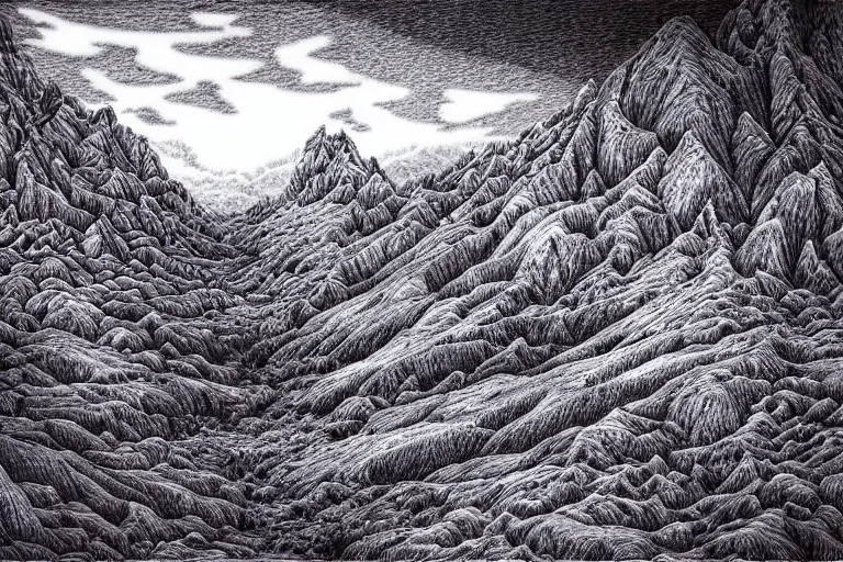 Image similar to insanely detailed landscape, ballpoint pen art