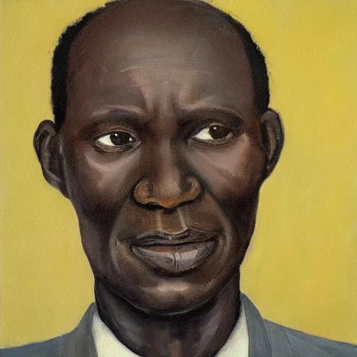 Image similar to a painting of a fatherly, aquiline nose, wide forehead, round face, XXL , loving, caring, generous, ever-present, humble, wise elder from Kenya with a friendly expression in a suit by Lynette Yiadom-Boakye . Fatherly/daddy, focused, loving, leader, relaxed,. ethereal lights, details, smooth, sharp focus, illustration, realistic, cinematic, artstation, award winning, rgb , unreal engine, octane render, cinematic light, macro, depth of field, blur, red light and clouds from the back, highly detailed epic cinematic concept art CG render made in Maya, Blender and Photoshop, octane render, excellent composition, dynamic dramatic cinematic lighting, aesthetic, very inspirational, arthouse.