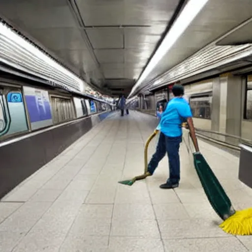 Image similar to A photo of a janitor sweeping a subway station, award-winning photography