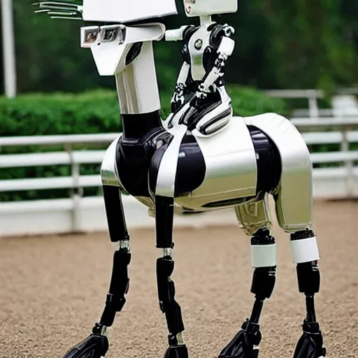 Image similar to a robot jockey, wearing silky baggi suit