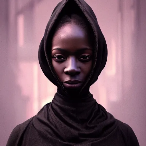 Image similar to a portrait of a young black woman wearing a long dark cloak, hood and shadows covering face, anatomically correct, beautiful face, enigmatic, oil painting, matte painting, black background, Volumetric Golden dappled dynamic lighting, Highly Detailed, Cinematic Lighting, Unreal Engine, 8k, HD, by Beksinski