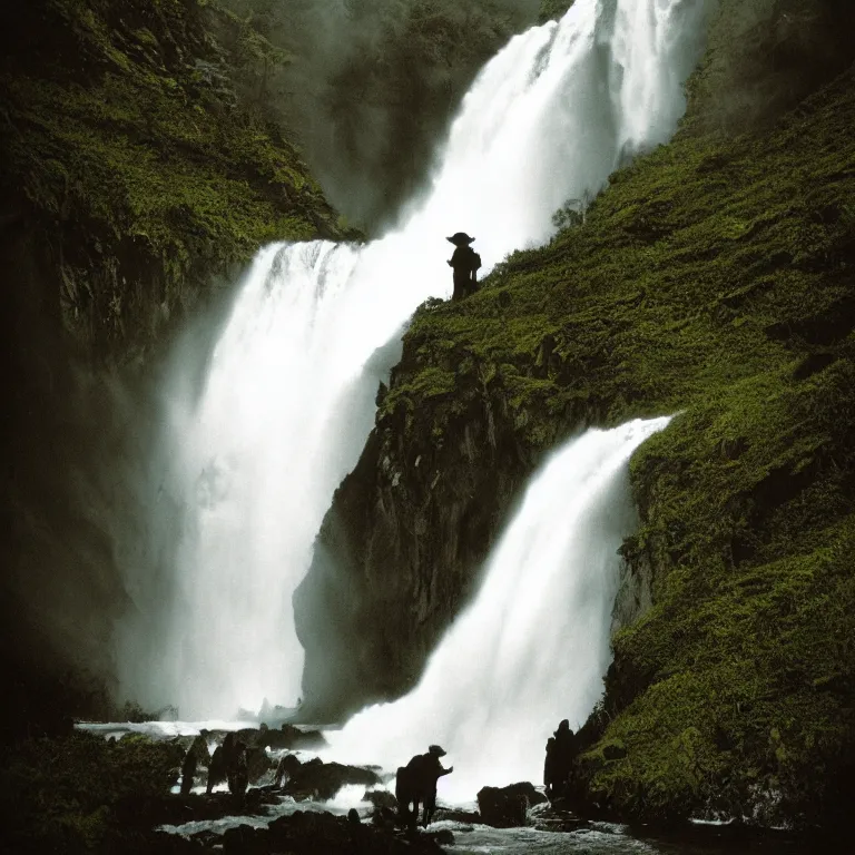 Image similar to dark and moody 1 9 8 0's artistic color spaghetti western film, a woman in a giant billowing wide long flowing waving shining bright white dress made out of waterfalls, standing inside a green mossy irish rocky scenic landscape, huge waterfall, volumetric lighting, backlit, atmospheric, fog, extremely windy, soft focus