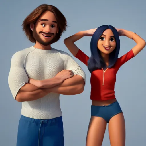 Image similar to young beautiful athletic Filipino woman with long hair standing beside a handsome caucasian athletic thin man with very short buzzed thinning hair, stubble beard on his face, blue eyes, they are posing, depicted as adult Pixar characters, high quality cg render, 4k