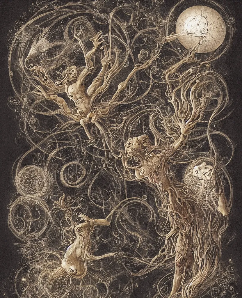 Image similar to whimsical freaky creature sings a unique canto about'as above so below'being ignited by the spirit of haeckel and robert fludd, breakthrough is iminent, glory be to the magic within, painted by ronny khalil