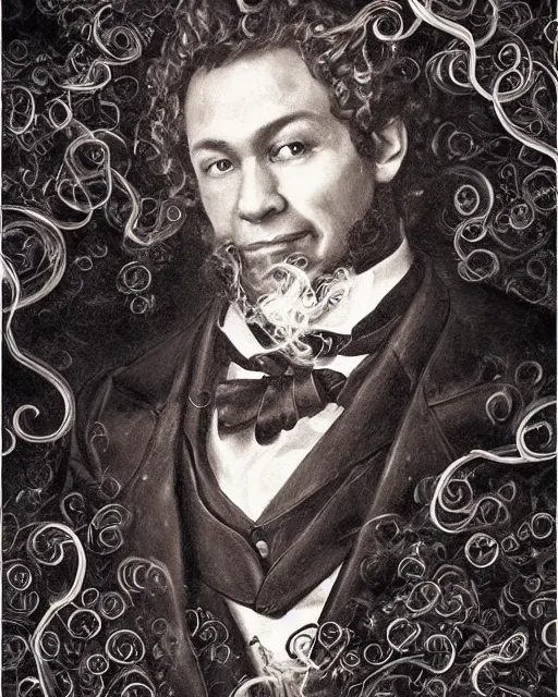 Prompt: a highly detailed portrait of Alexandr Pushkin as a devious male magician radiating a powerful energy aura, ornate back tuxedo, wispy tendrils of smoke, swirling vortex of energy, performance art, intricate, digital painting, old english, raining, sepia, particles floating, whimsical background by marc simonetti, art by artgerm and greg rutkowski and alphonse mucha