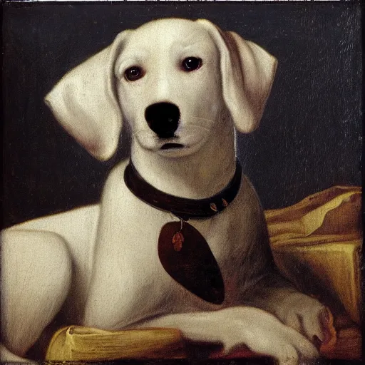 Image similar to renaissance painting of a white dog with big black spots sitting for a portrait