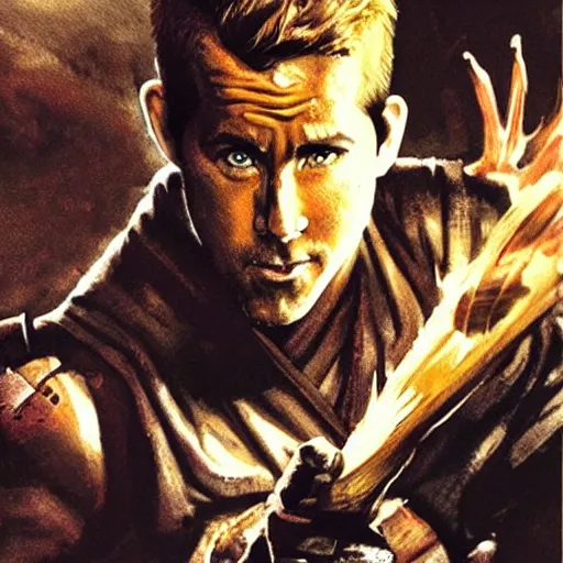 Image similar to ryan reynolds as a d & d monk martial artist, by simon bisley