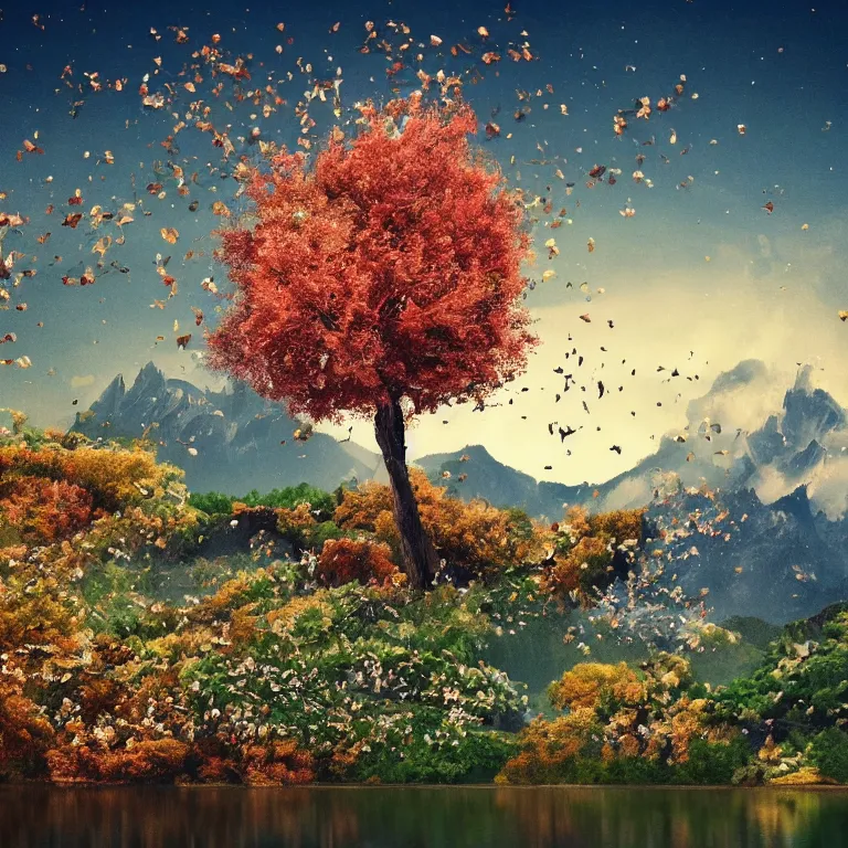 Image similar to a beautiful awesome artistic tree with falling flowers like leaves and many birds, all in the amazing outdoors view, mountain in the background, lake, long exposure, 8 k resolution, trending on artstation