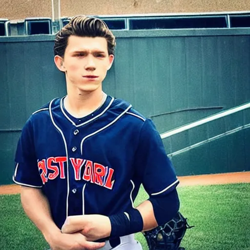 Image similar to “a realistic photo of a guy who is an attractive baseball player man who is part cyborg and part humanoid, who is a robot, Tom Holland”