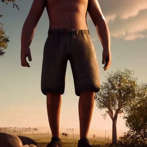 Image similar to 3 meters tall giant man in shorts, high definition movie, photorealistic detail, futuristic production, adventure movie, 8 k