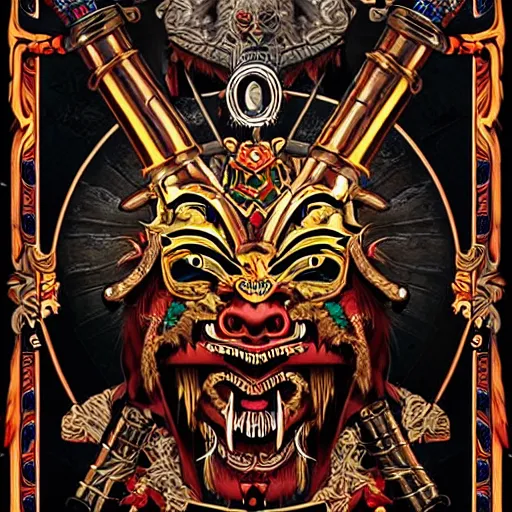 Image similar to barong family ancient sword with jewels, wiwek, mara demon, one single tribe member, jungle, one single mask, dark, ancient warrior, tribal, inner glow, art by dan mumford and justin gerard