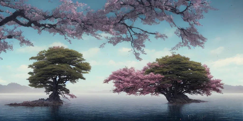 Image similar to a single sakura tree upon a lake, viewed from a distance, stephen bliss, unreal engine, illustration, fantasy art by greg rutkowski, loish, rhads, ferdinand knab, makoto shinkai and lois van baarle, ilya kuvshinov, rossdraws, tom bagshaw, global illumination, radiant light, minimalist, detailed and intricate environment