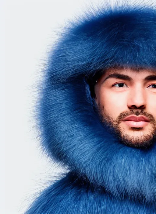 Prompt: a blue-skinned man wearing a fur coat, illustration, head shot, close up